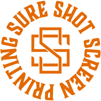 Orange text reading "sure shot screen printing" in the shape of a circle, surrounding a monogram of two "S"'s